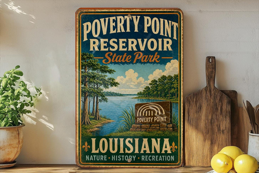 A vintage-style sign for Poverty Point State Park in Louisiana, featuring a scenic landscape with a lake and trees.