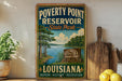 A vintage-style sign for Poverty Point State Park in Louisiana, featuring a scenic landscape with a lake and trees.