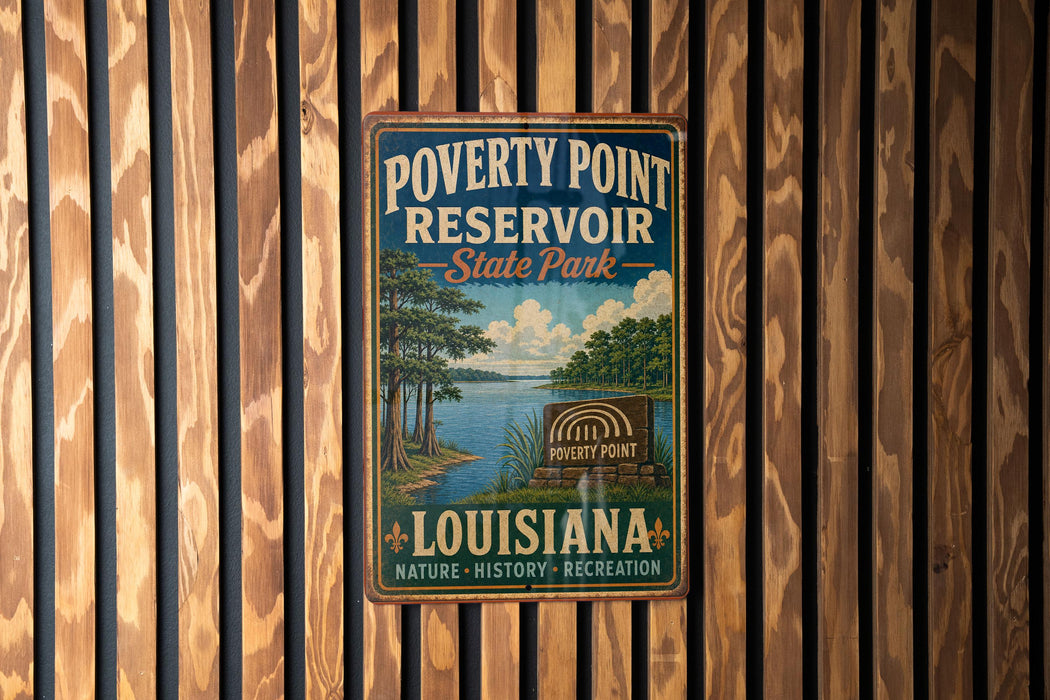 A vintage-style metal sign for Poverty Point Reservoir State Park in Louisiana, featuring a scenic landscape with a river and trees.