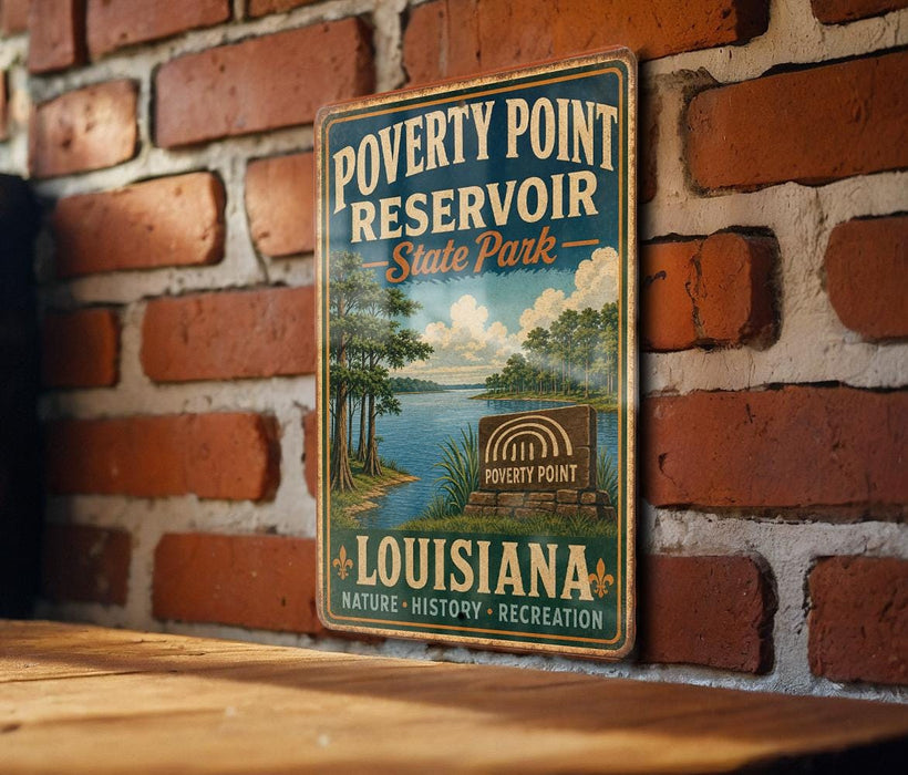 A vintage-style sign for Poverty Point Reservoir, a state park in Louisiana, mounted on a brick wall.