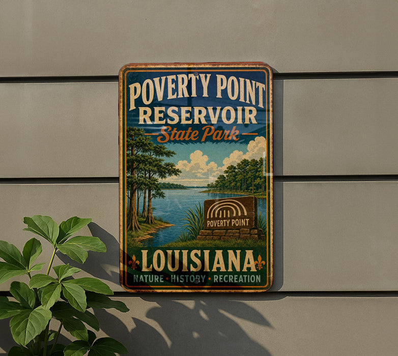 A vintage-style metal sign for Poverty Point State Park in Louisiana, featuring a scenic landscape with a lake and trees.