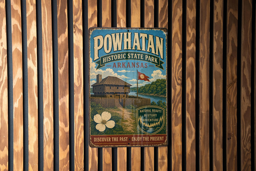 A vintage-style metal sign for Powhatan Historic State Park in Arkansas, featuring a wooden cabin and a flag, is displayed on a wooden wall.