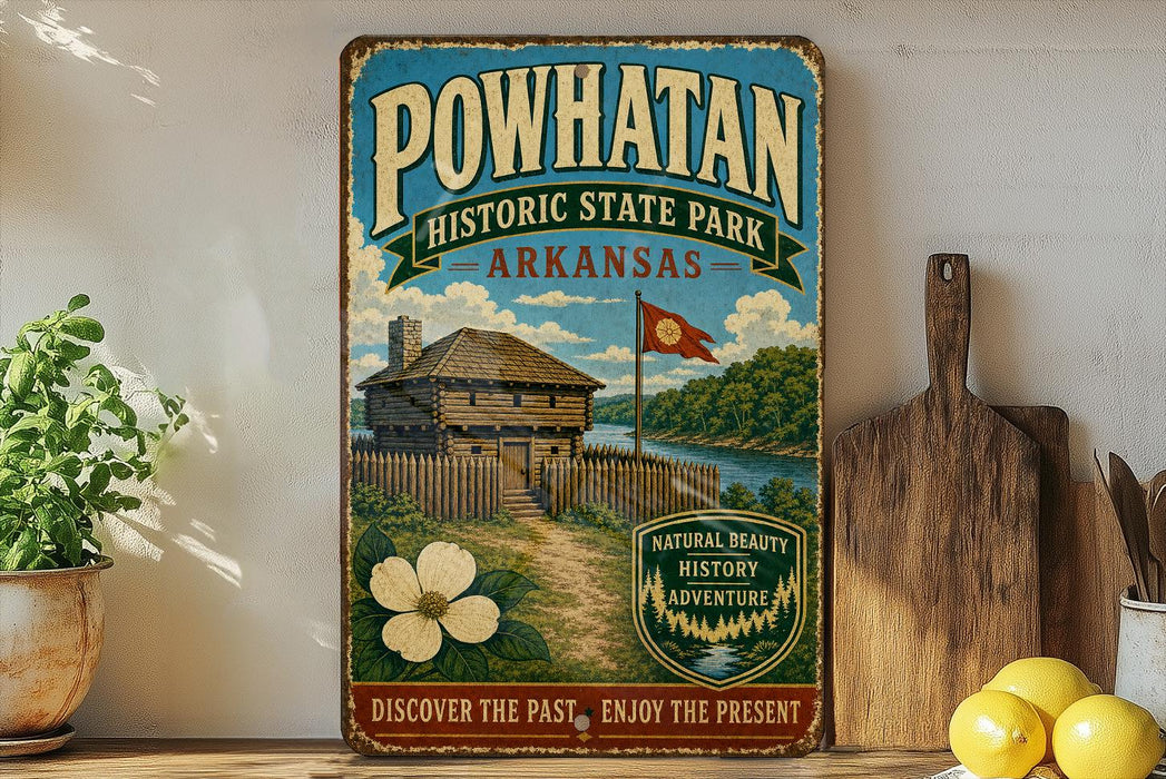 a vintage-style sign for Powhatan Historic State Park in Arkansas, with a wooden cabin and a river in the background. The sign is displayed on a shelf next to a wooden cutting board and a potted plant.