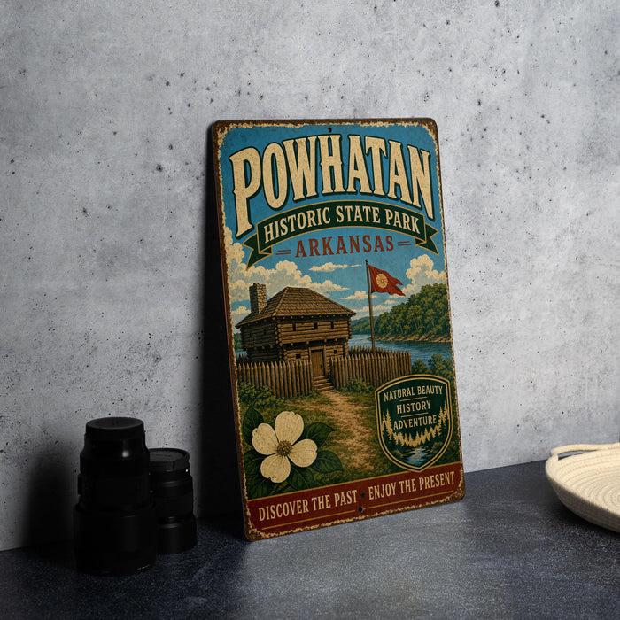 A vintage-style metal sign for Powhatan Historic State Park in Arkansas, featuring an illustration of a log cabin and a river.
