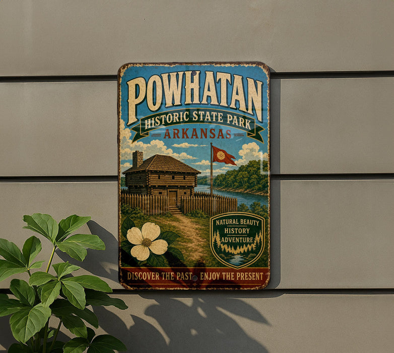 A vintage-style metal sign for Powhatan Historic State Park in Arkansas, featuring an illustration of a wooden cabin and a river.