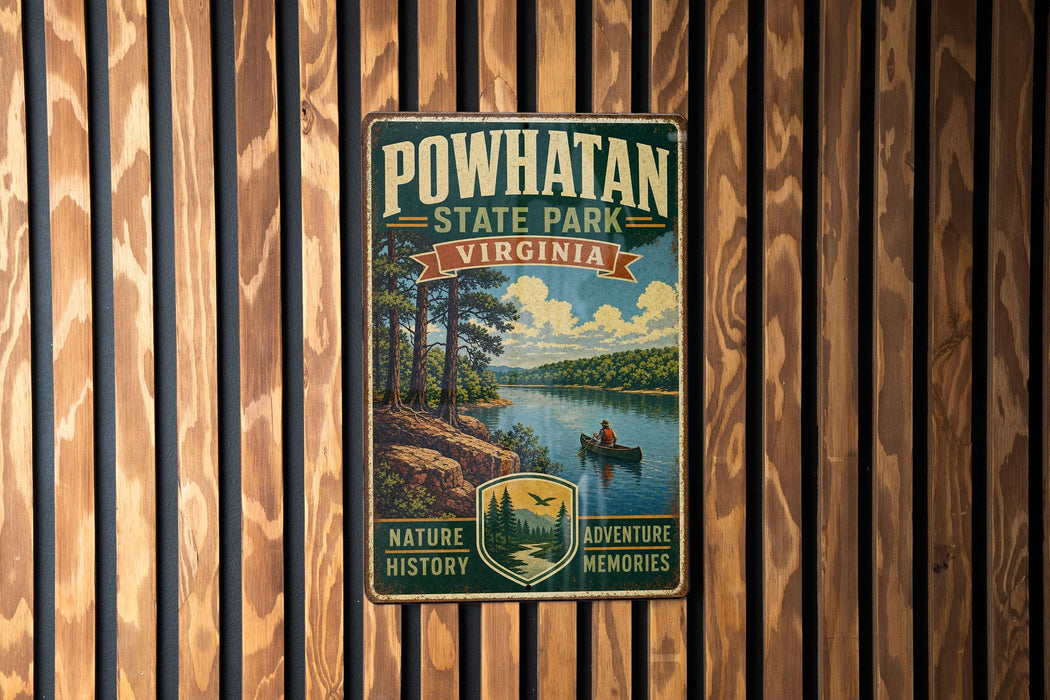 A vintage-style metal sign for Powhatan State Park in Virginia, featuring a scenic landscape with a river, trees, and a person in a canoe.