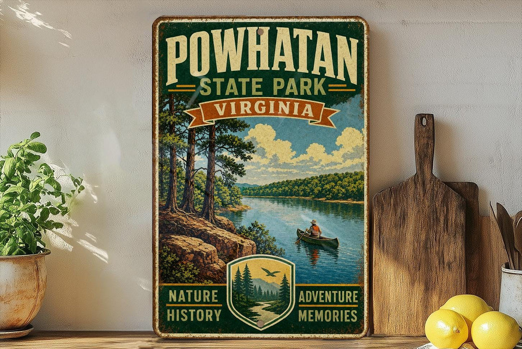 a vintage-style poster of Powhatan State Park, Virginia, with a scenic illustration of a person canoeing on a river surrounded by trees. The poster is displayed on a wall, with a wooden cutting board and some lemons visible in the foreground.