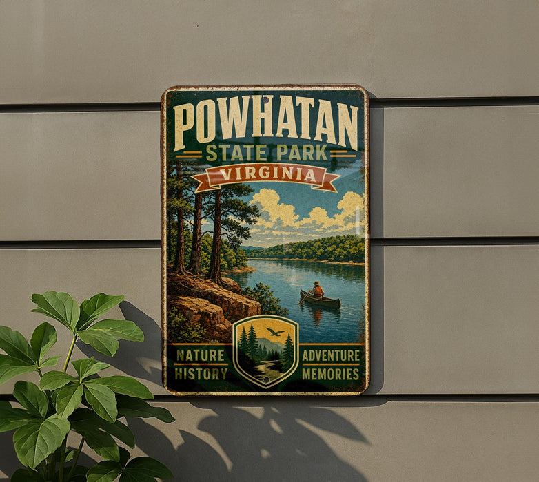 A vintage-style metal sign for Powhatan State Park, Virginia, featuring a scenic landscape with a river, trees, and a person in a canoe.