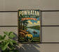 A vintage-style metal sign for Powhatan State Park, Virginia, featuring a scenic landscape with a river, trees, and a person in a canoe.