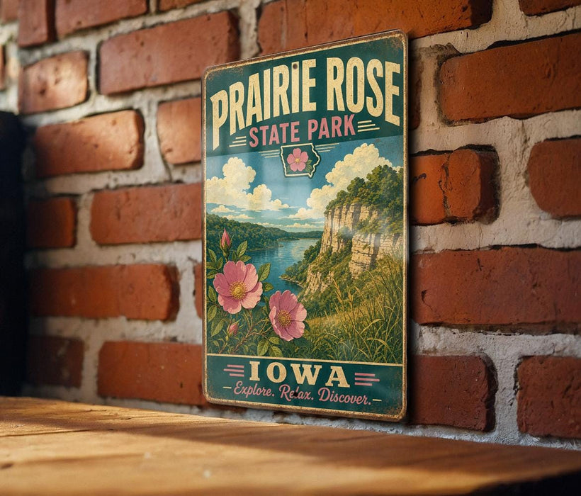 A vintage-style metal sign for Prairie Rose State Park in Iowa, featuring a scenic landscape with a river, mountains, and flowers.