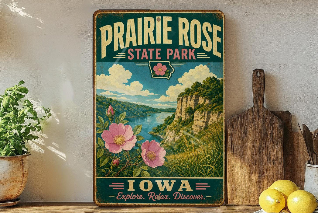 A vintage-style sign for Prairie Rose State Park in Iowa, featuring a scenic landscape with a river, mountains, and pink flowers.