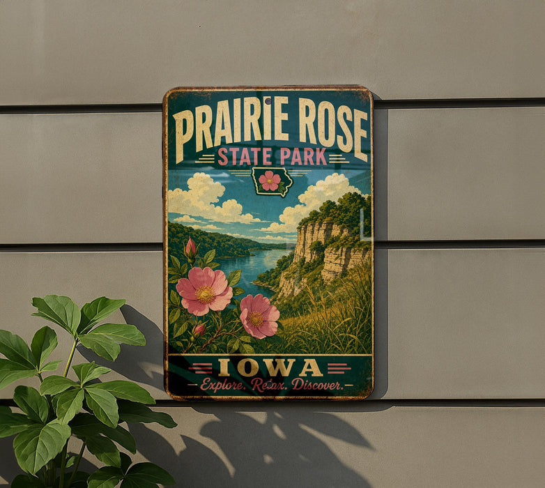 A vintage-style metal sign for Prairie Rose State Park in Iowa, featuring a scenic landscape with a river, mountains, and pink flowers.