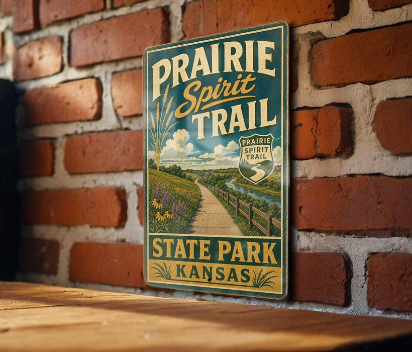 A vintage-style metal sign for the Prairie Spirit Trail in Kansas, featuring a scenic illustration of a path leading through a grassy field with a river and a blue sky.