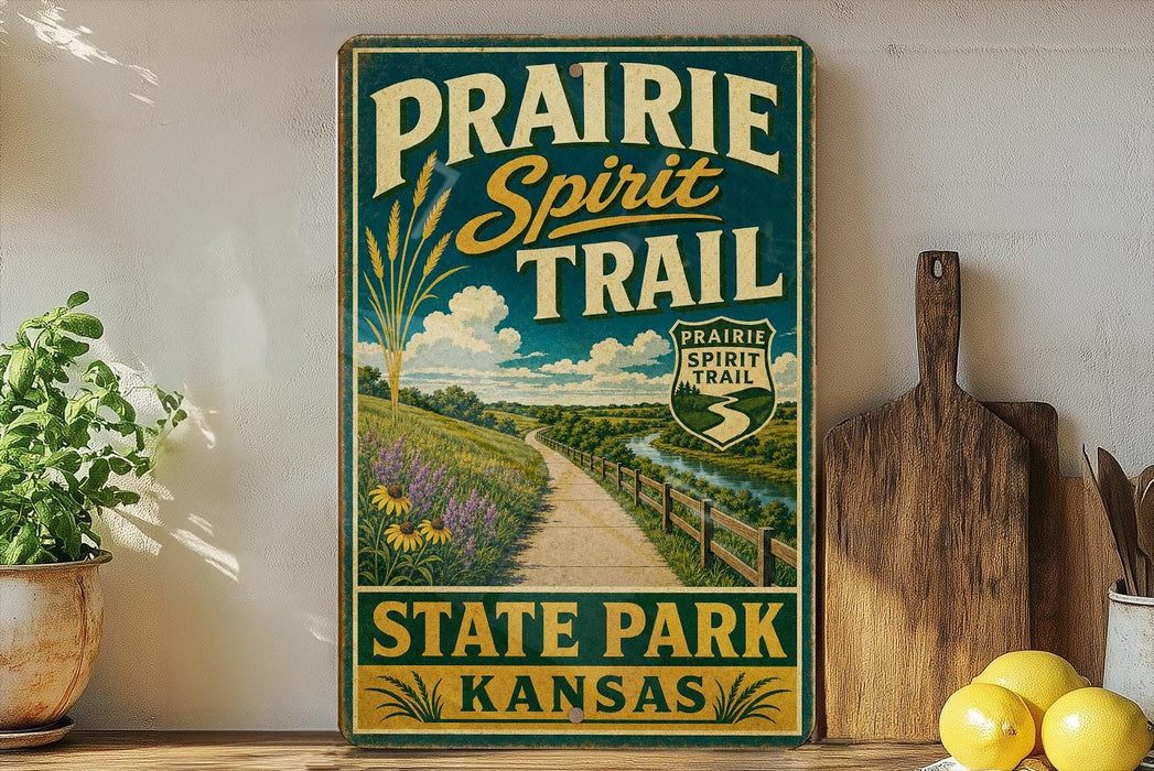 A vintage-style sign for the Prairie Spirit Trail in Kansas, featuring a scenic countryside landscape with a dirt path and a wooden fence.