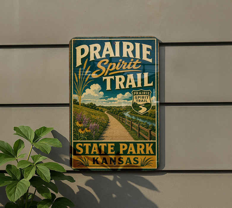 A vintage-style metal sign for the Prairie Spirit Trail in Kansas, featuring a scenic landscape with a dirt path, grassy fields, and a river.