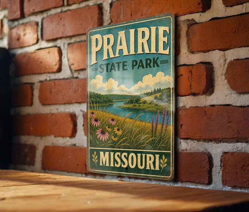 A vintage-style metal sign for Prairie State Park in Missouri, featuring a scenic landscape with a river, grassy fields, and wildflowers.