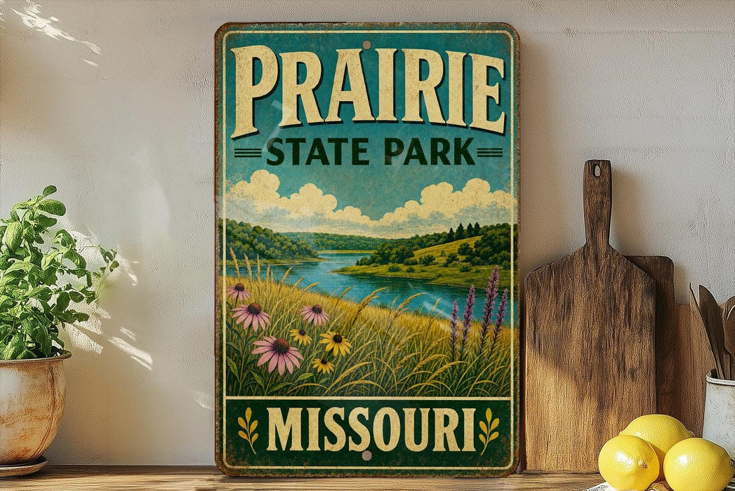 A vintage-style sign for Prairie State Park in Missouri, featuring a scenic landscape with a river, grass, and flowers.