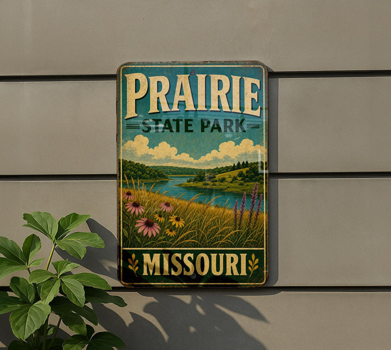 A vintage-style metal sign for Prairie State Park in Missouri, featuring a scenic landscape with a river, grass, and flowers.