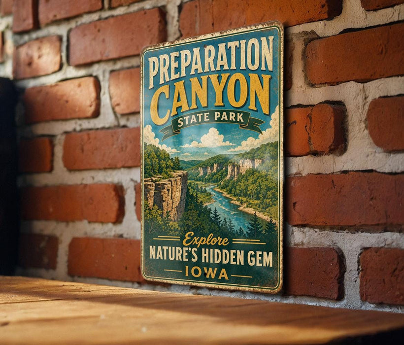 A vintage-style metal sign for Preparation Canyon State Park in Iowa, featuring a scenic landscape with a river and mountains.