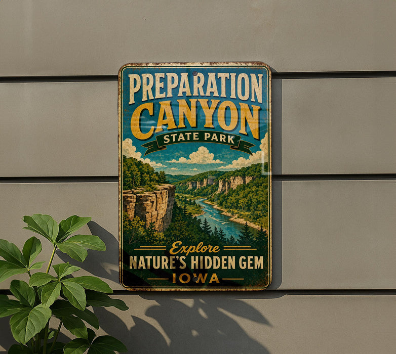 A vintage-style metal sign for Preparation Canyon State Park, featuring a scenic landscape with a river and cliffs, mounted on a wall.