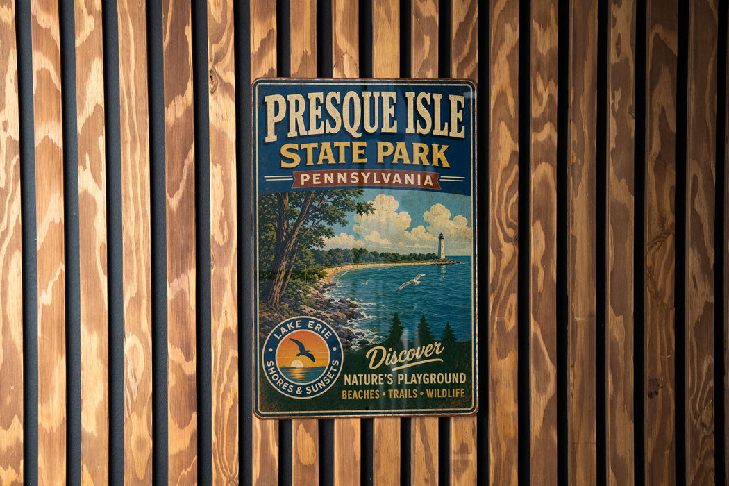 A vintage-style metal sign for Presque Isle State Park in Pennsylvania, featuring a scenic image of the lake shore and surrounding landscape.