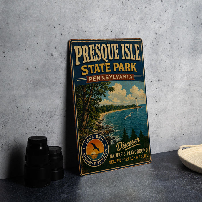A vintage-style metal sign for Presque Isle State Park in Pennsylvania, featuring a scenic image of the park and its surroundings.