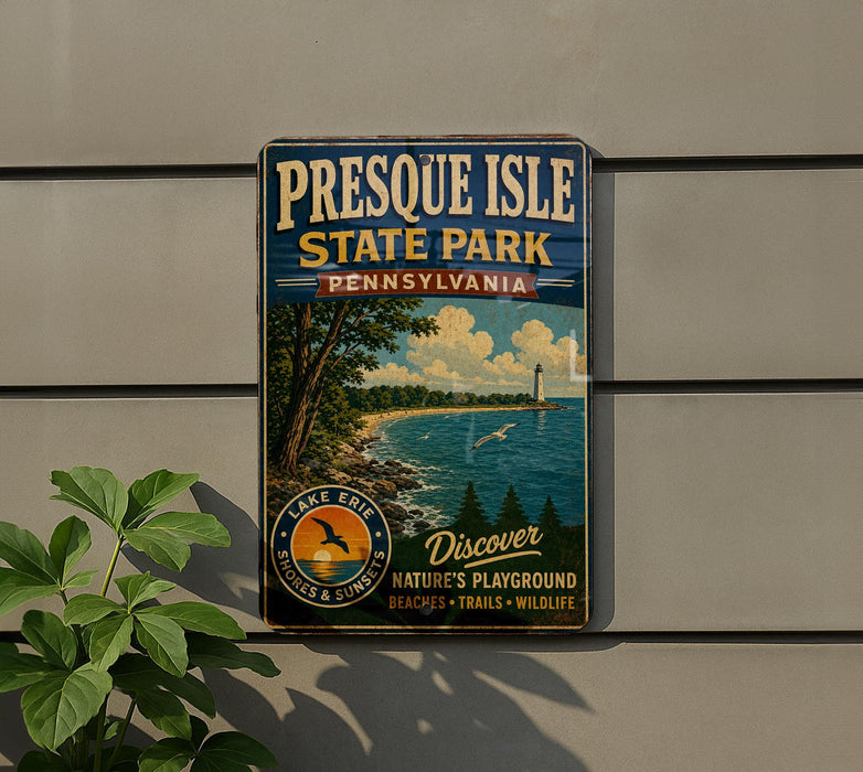 A vintage-style metal sign for Presque Isle State Park in Pennsylvania, featuring a scenic illustration of the park's natural surroundings.