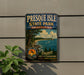 A vintage-style metal sign for Presque Isle State Park in Pennsylvania, featuring a scenic illustration of the park's natural surroundings.