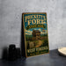 A vintage-style metal sign for Prickett's Fort State Park in West Virginia, featuring an illustration of a historic fort and surrounding landscape.