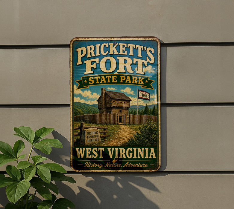A vintage-style metal sign for Prickett's Fort State Park in West Virginia, featuring a wooden cabin and a flag.