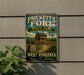 A vintage-style metal sign for Prickett's Fort State Park in West Virginia, featuring a wooden cabin and a flag.