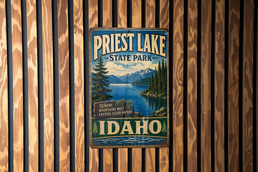 A vintage metal sign for Priest Lake State Park in Idaho, featuring a scenic mountain landscape with crystal clear waters.