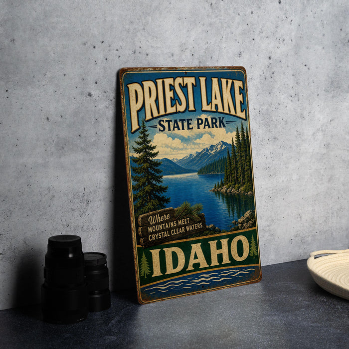 A vintage-style metal sign for Priest Lake State Park in Idaho, featuring a scenic landscape with mountains, trees, and a lake.