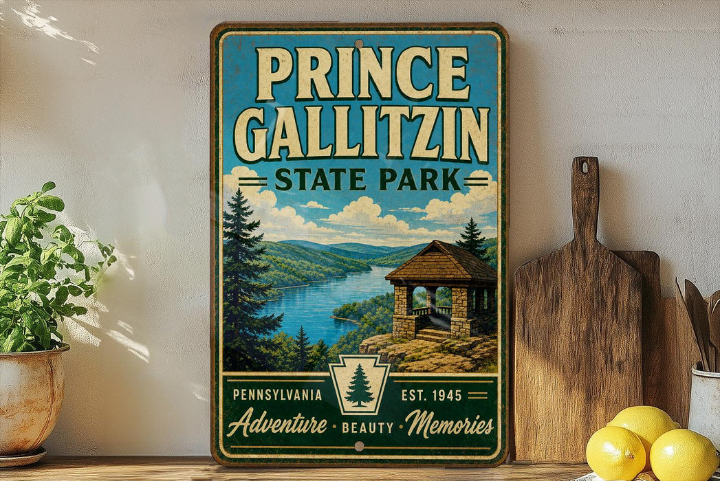 A vintage-style sign for Prince Gallitzin State Park, featuring a scenic landscape with a cabin and mountains in the background.