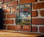 A vintage metal sign for Princeton Battlefield State Park in New Jersey, featuring an illustration of a cannon and a building with an American flag.