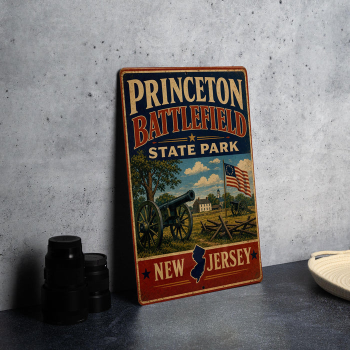 A vintage metal sign for Princeton Battlefield State Park, featuring an illustration of a cannon and a flag, is displayed on a gray concrete surface.