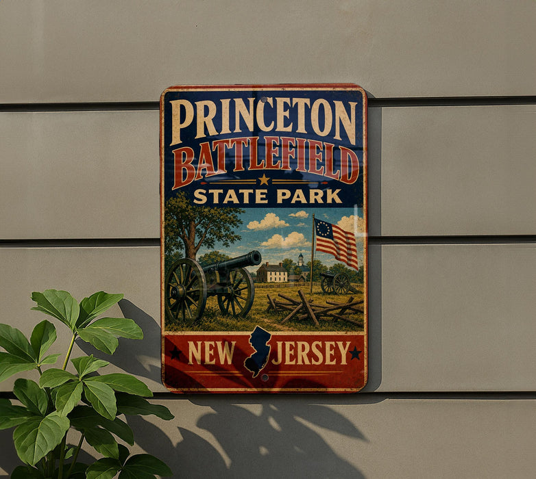 A vintage metal sign for Princeton Battlefield State Park in New Jersey, featuring an illustration of a cannon and a flag.