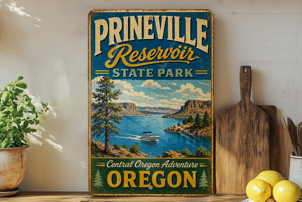 A vintage-style sign for Prineville Reservoir State Park, featuring a scenic landscape with a lake, mountains, and a boat.