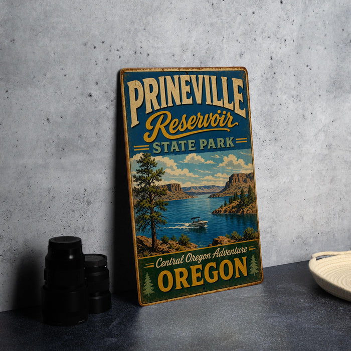 A vintage-style sign for Prineville Reservoir State Park, featuring a scenic landscape with a lake, mountains, and a boat.