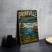 A vintage-style sign for Prineville Reservoir State Park, featuring a scenic landscape with a lake, mountains, and a boat.