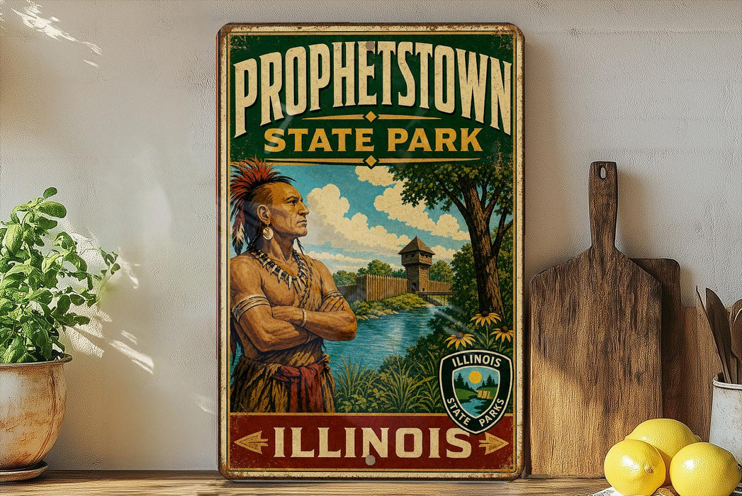 A vintage-style sign for "Prophetstown State Park" in Illinois, featuring an illustration of a Native American man with a bird perched on his head. The sign is displayed on a shelf next to a wooden cutting board and some lemons.
