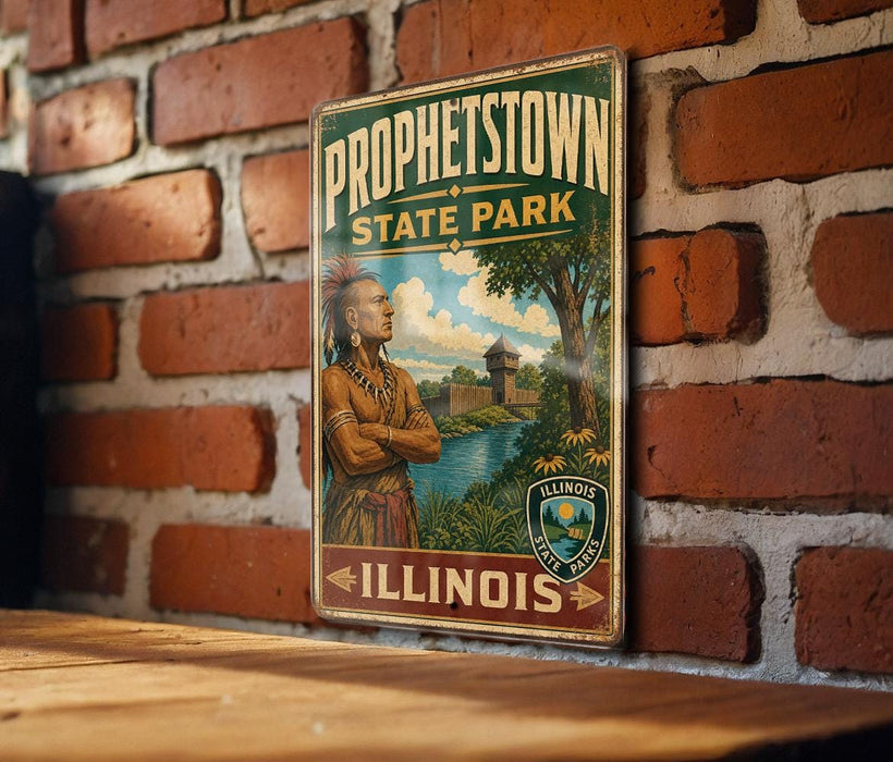 A vintage-style metal sign for "Protesttown State Park" in Illinois, featuring an illustration of a Native American figure and the text "Illinois State Parks".