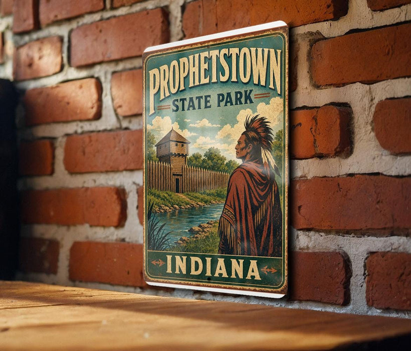 A vintage-style sign for "Protestown State Park" in Indiana, featuring an illustration of a Native American figure in traditional clothing standing in front of a brick wall.