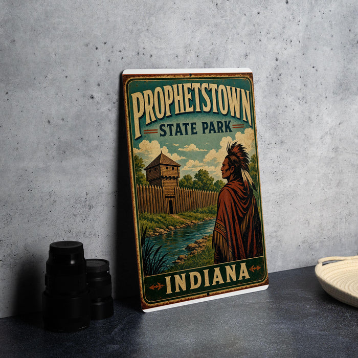 A vintage-style poster for "Protestown State Park, Indiana" featuring an illustration of a Native American figure in traditional clothing standing near a fort or building.