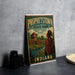 A vintage-style poster for "Protestown State Park, Indiana" featuring an illustration of a Native American figure in traditional clothing standing near a fort or building.