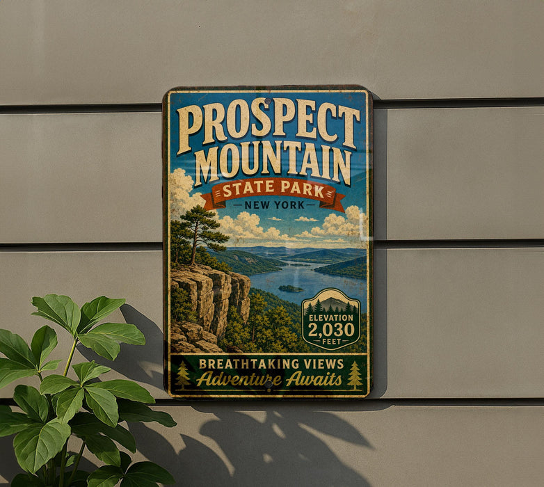 a vintage-style metal sign for Prospect Mountain State Park in New York, with a scenic mountain landscape and a cliff overlooking a lake.