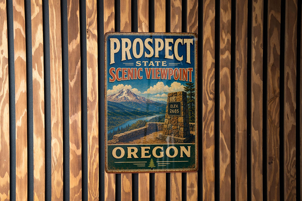 A vintage metal sign for Prospect State Scenic Viewpoint in Oregon, featuring a mountain landscape and a stone monument.