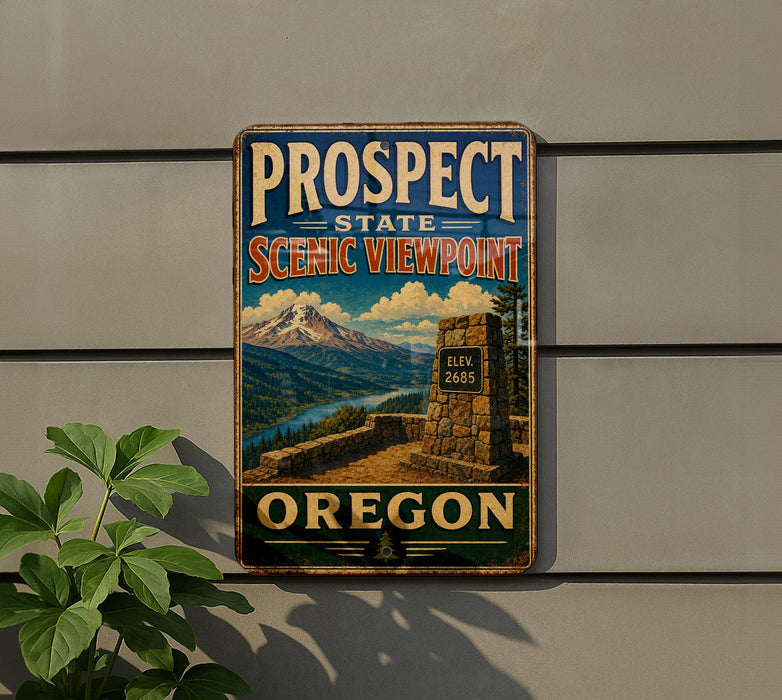A vintage-style metal sign for the Prospect State Scenic Viewpoint in Oregon, featuring a mountain landscape and a stone structure.