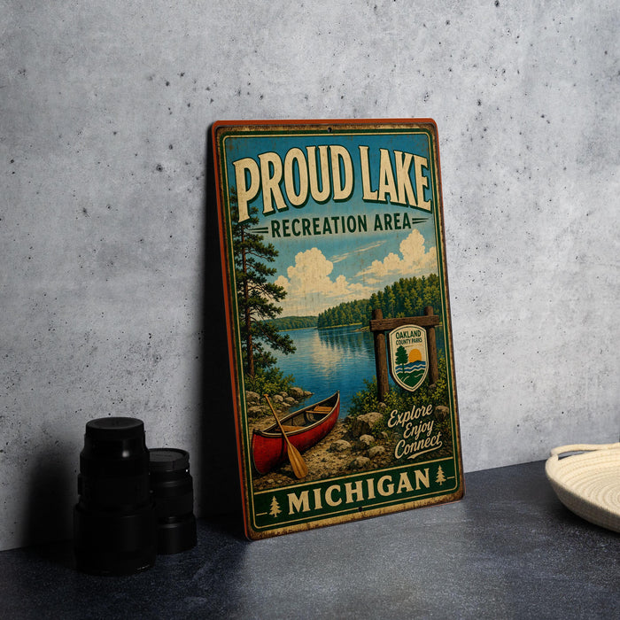 A vintage-style metal sign for the Proud Lake Recreation Area in Michigan, featuring a scenic image of a lake, canoe, and surrounding forest.