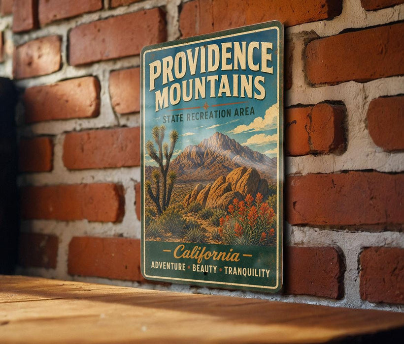 A vintage-style metal sign for Providence Mountains, a state recreation area in California, featuring a desert landscape with a cactus and mountains in the background.